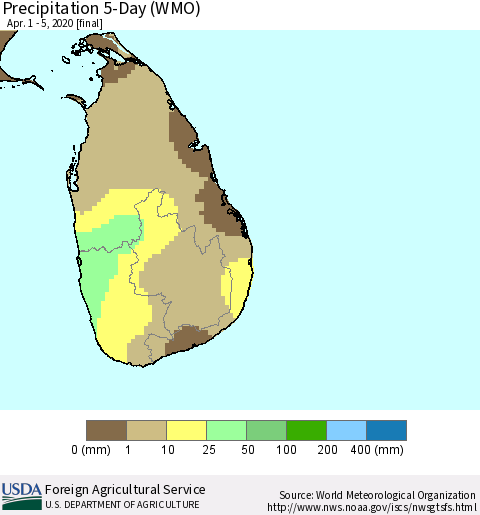 Sri Lanka Precipitation 5-Day (WMO) Thematic Map For 4/1/2020 - 4/5/2020