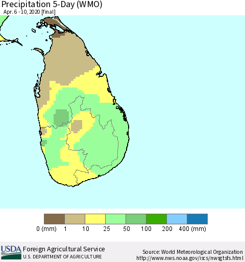 Sri Lanka Precipitation 5-Day (WMO) Thematic Map For 4/6/2020 - 4/10/2020