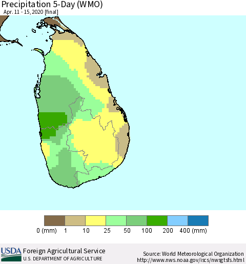 Sri Lanka Precipitation 5-Day (WMO) Thematic Map For 4/11/2020 - 4/15/2020