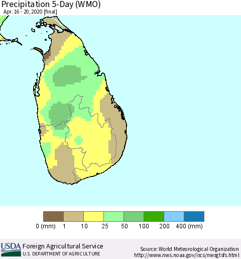 Sri Lanka Precipitation 5-Day (WMO) Thematic Map For 4/16/2020 - 4/20/2020