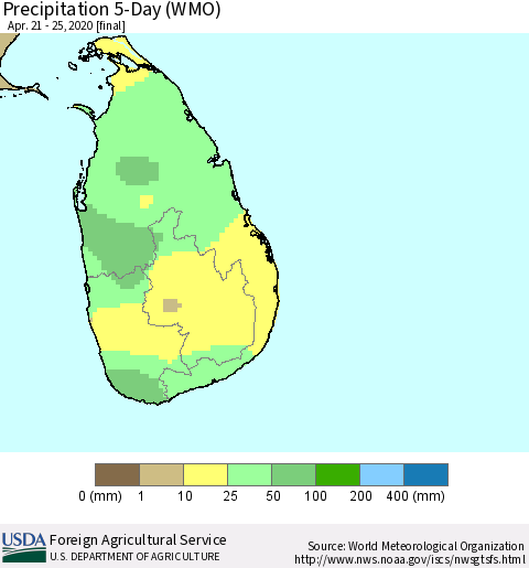 Sri Lanka Precipitation 5-Day (WMO) Thematic Map For 4/21/2020 - 4/25/2020