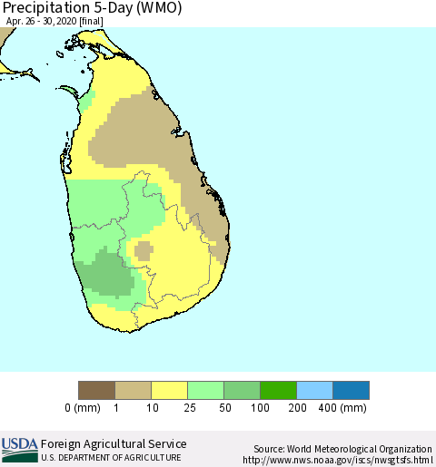 Sri Lanka Precipitation 5-Day (WMO) Thematic Map For 4/26/2020 - 4/30/2020