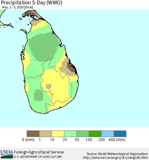 Sri Lanka Precipitation 5-Day (WMO) Thematic Map For 5/1/2020 - 5/5/2020