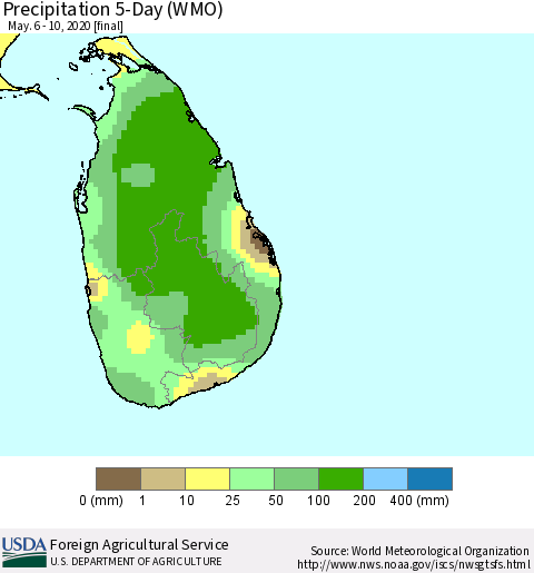 Sri Lanka Precipitation 5-Day (WMO) Thematic Map For 5/6/2020 - 5/10/2020