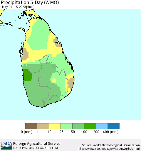 Sri Lanka Precipitation 5-Day (WMO) Thematic Map For 5/11/2020 - 5/15/2020