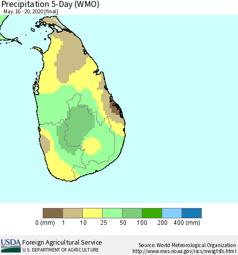 Sri Lanka Precipitation 5-Day (WMO) Thematic Map For 5/16/2020 - 5/20/2020