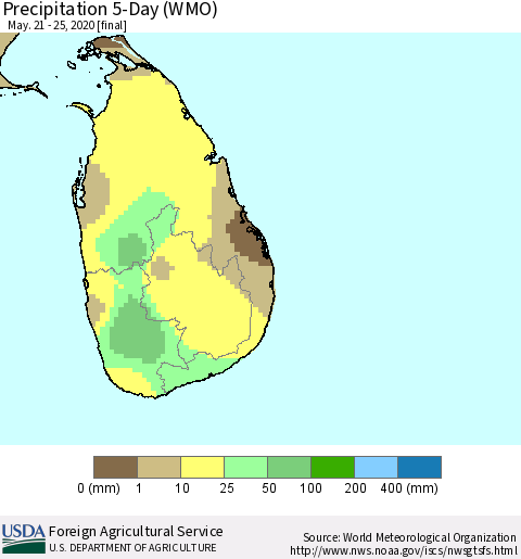 Sri Lanka Precipitation 5-Day (WMO) Thematic Map For 5/21/2020 - 5/25/2020