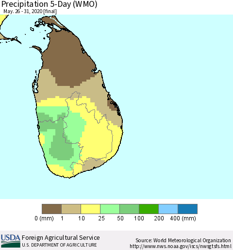 Sri Lanka Precipitation 5-Day (WMO) Thematic Map For 5/26/2020 - 5/31/2020