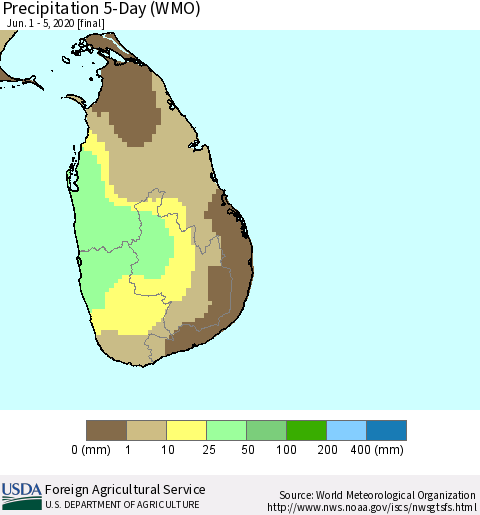 Sri Lanka Precipitation 5-Day (WMO) Thematic Map For 6/1/2020 - 6/5/2020