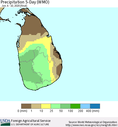 Sri Lanka Precipitation 5-Day (WMO) Thematic Map For 6/6/2020 - 6/10/2020