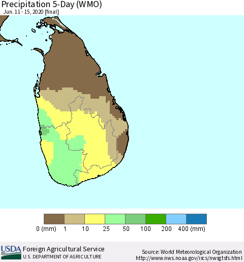 Sri Lanka Precipitation 5-Day (WMO) Thematic Map For 6/11/2020 - 6/15/2020