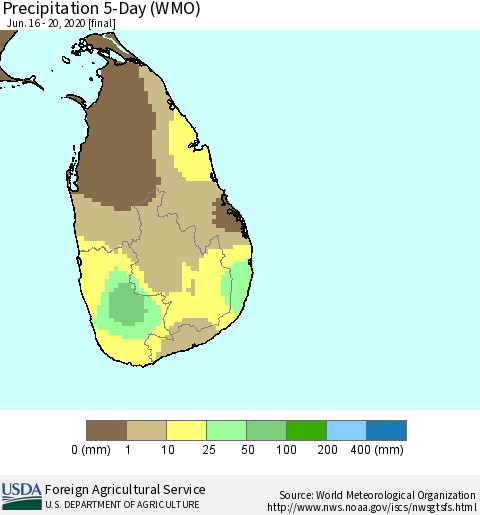 Sri Lanka Precipitation 5-Day (WMO) Thematic Map For 6/16/2020 - 6/20/2020