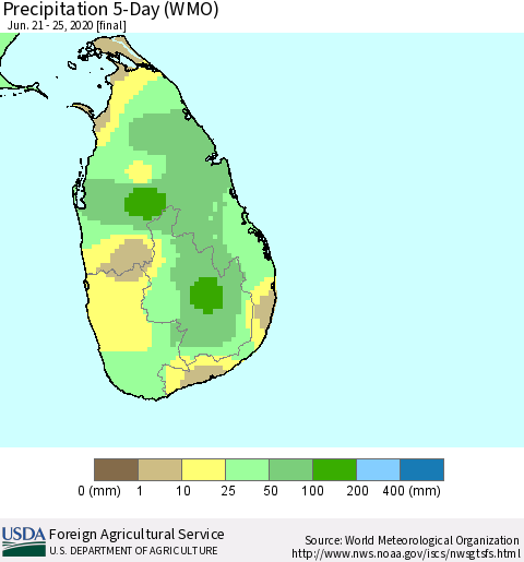 Sri Lanka Precipitation 5-Day (WMO) Thematic Map For 6/21/2020 - 6/25/2020