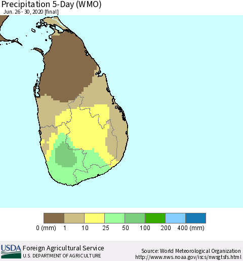 Sri Lanka Precipitation 5-Day (WMO) Thematic Map For 6/26/2020 - 6/30/2020