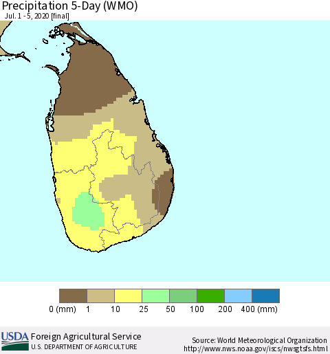 Sri Lanka Precipitation 5-Day (WMO) Thematic Map For 7/1/2020 - 7/5/2020