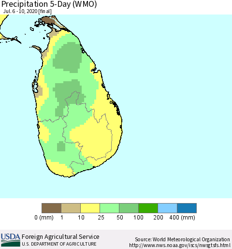 Sri Lanka Precipitation 5-Day (WMO) Thematic Map For 7/6/2020 - 7/10/2020