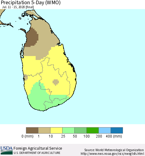 Sri Lanka Precipitation 5-Day (WMO) Thematic Map For 7/11/2020 - 7/15/2020