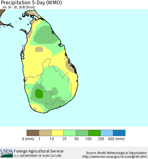 Sri Lanka Precipitation 5-Day (WMO) Thematic Map For 7/16/2020 - 7/20/2020