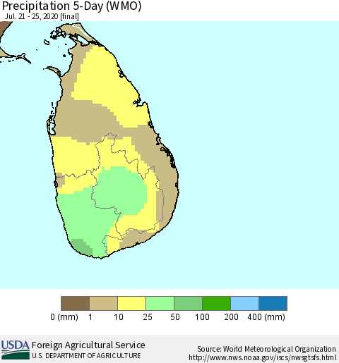 Sri Lanka Precipitation 5-Day (WMO) Thematic Map For 7/21/2020 - 7/25/2020