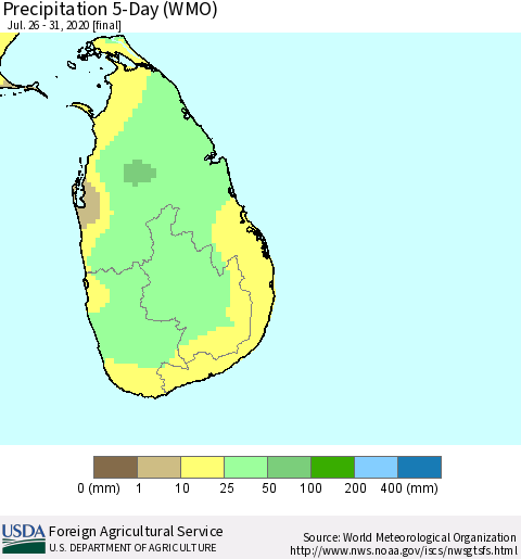 Sri Lanka Precipitation 5-Day (WMO) Thematic Map For 7/26/2020 - 7/31/2020