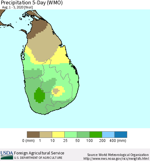 Sri Lanka Precipitation 5-Day (WMO) Thematic Map For 8/1/2020 - 8/5/2020