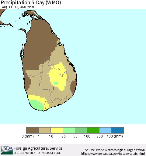 Sri Lanka Precipitation 5-Day (WMO) Thematic Map For 8/11/2020 - 8/15/2020