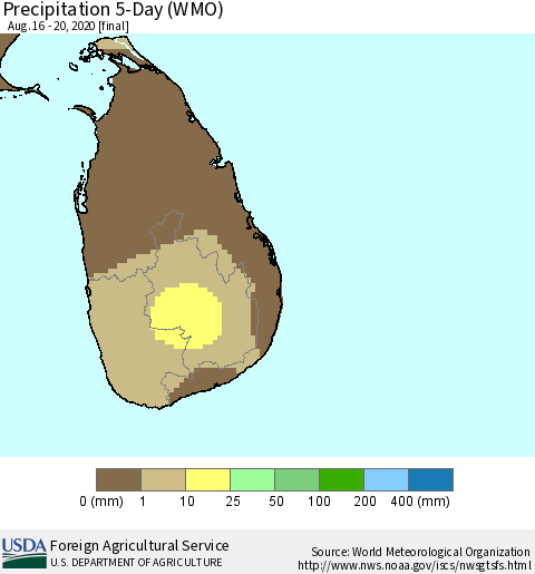 Sri Lanka Precipitation 5-Day (WMO) Thematic Map For 8/16/2020 - 8/20/2020