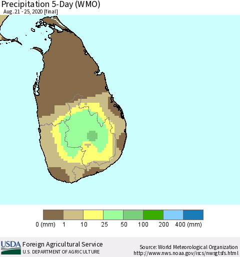 Sri Lanka Precipitation 5-Day (WMO) Thematic Map For 8/21/2020 - 8/25/2020