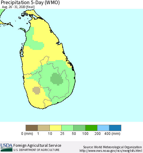 Sri Lanka Precipitation 5-Day (WMO) Thematic Map For 8/26/2020 - 8/31/2020