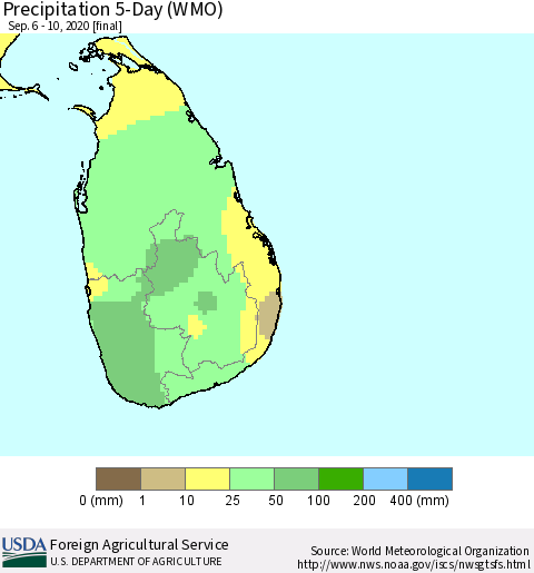 Sri Lanka Precipitation 5-Day (WMO) Thematic Map For 9/6/2020 - 9/10/2020