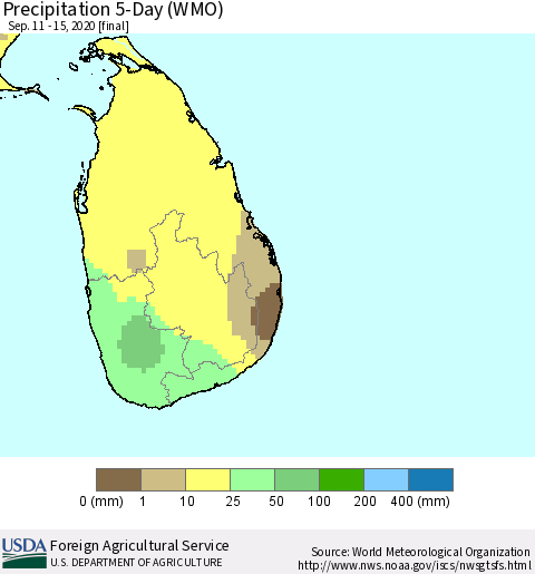 Sri Lanka Precipitation 5-Day (WMO) Thematic Map For 9/11/2020 - 9/15/2020