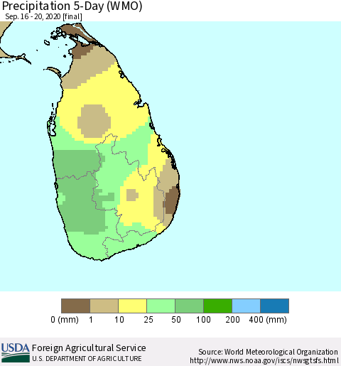 Sri Lanka Precipitation 5-Day (WMO) Thematic Map For 9/16/2020 - 9/20/2020