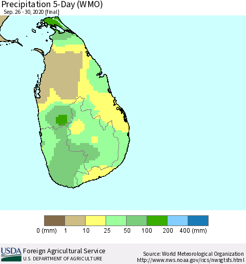 Sri Lanka Precipitation 5-Day (WMO) Thematic Map For 9/26/2020 - 9/30/2020