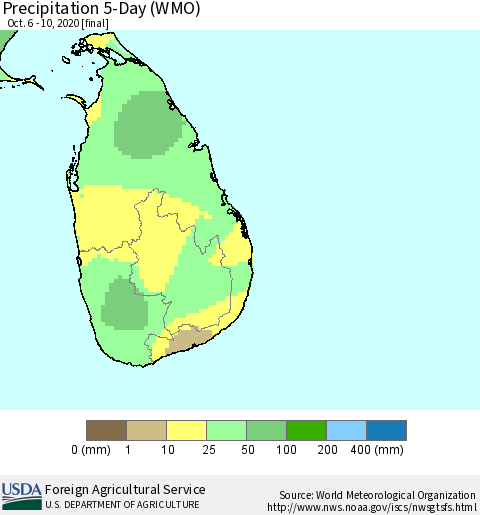 Sri Lanka Precipitation 5-Day (WMO) Thematic Map For 10/6/2020 - 10/10/2020