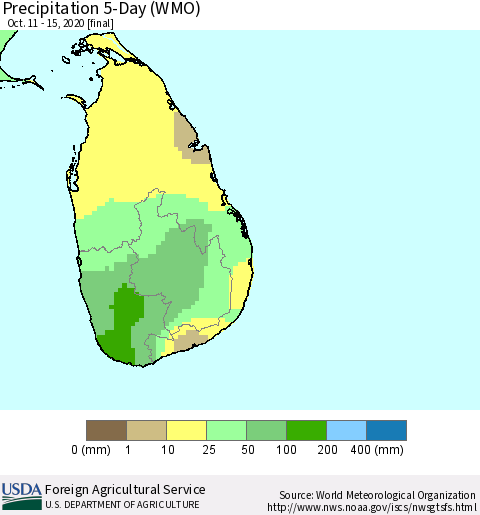 Sri Lanka Precipitation 5-Day (WMO) Thematic Map For 10/11/2020 - 10/15/2020