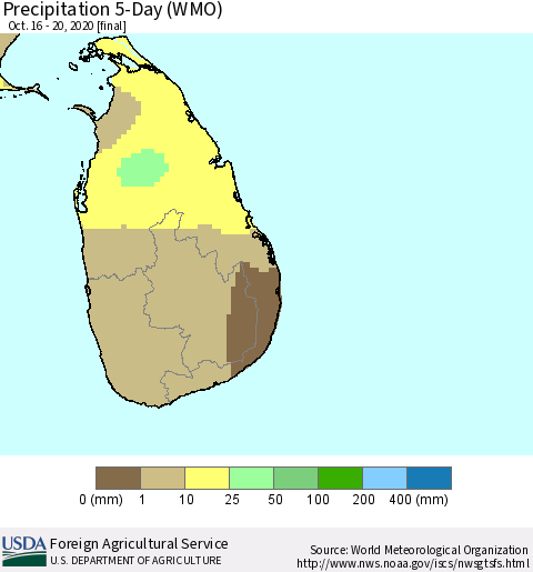 Sri Lanka Precipitation 5-Day (WMO) Thematic Map For 10/16/2020 - 10/20/2020