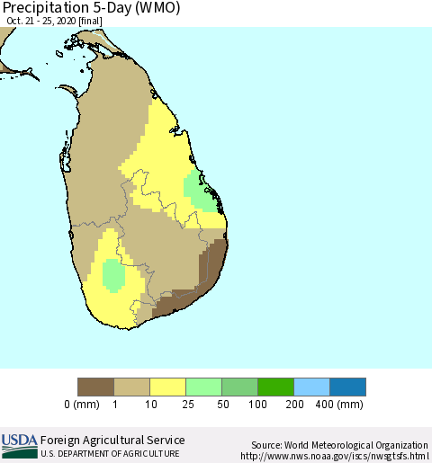Sri Lanka Precipitation 5-Day (WMO) Thematic Map For 10/21/2020 - 10/25/2020