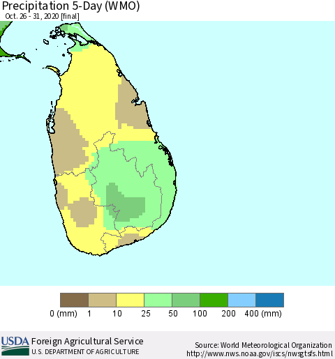 Sri Lanka Precipitation 5-Day (WMO) Thematic Map For 10/26/2020 - 10/31/2020