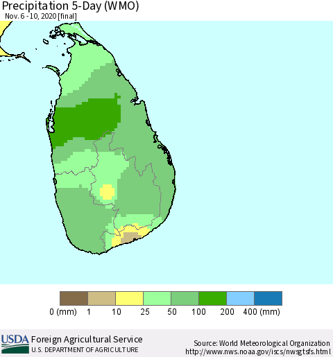 Sri Lanka Precipitation 5-Day (WMO) Thematic Map For 11/6/2020 - 11/10/2020