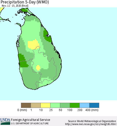 Sri Lanka Precipitation 5-Day (WMO) Thematic Map For 11/11/2020 - 11/15/2020