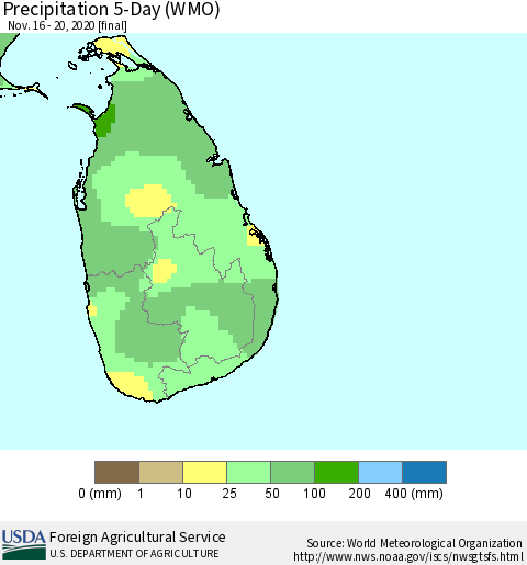 Sri Lanka Precipitation 5-Day (WMO) Thematic Map For 11/16/2020 - 11/20/2020