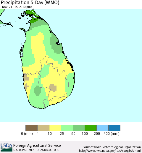 Sri Lanka Precipitation 5-Day (WMO) Thematic Map For 11/21/2020 - 11/25/2020