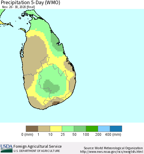 Sri Lanka Precipitation 5-Day (WMO) Thematic Map For 11/26/2020 - 11/30/2020