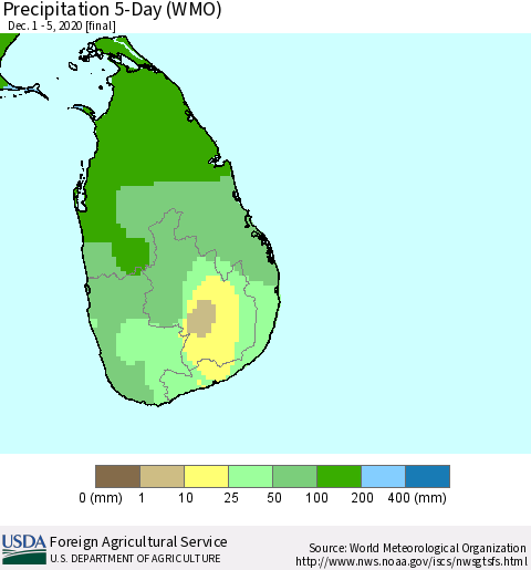Sri Lanka Precipitation 5-Day (WMO) Thematic Map For 12/1/2020 - 12/5/2020
