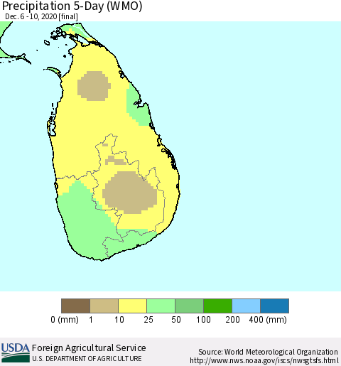 Sri Lanka Precipitation 5-Day (WMO) Thematic Map For 12/6/2020 - 12/10/2020