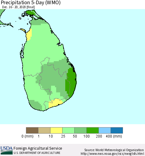 Sri Lanka Precipitation 5-Day (WMO) Thematic Map For 12/16/2020 - 12/20/2020