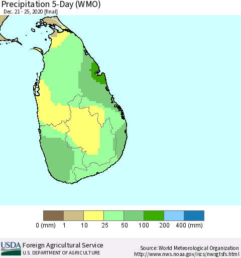 Sri Lanka Precipitation 5-Day (WMO) Thematic Map For 12/21/2020 - 12/25/2020