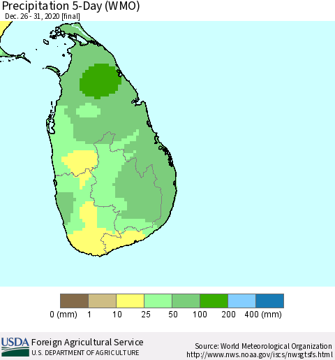 Sri Lanka Precipitation 5-Day (WMO) Thematic Map For 12/26/2020 - 12/31/2020