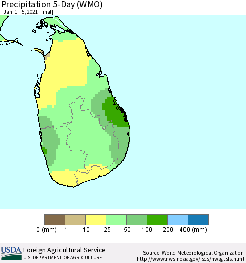 Sri Lanka Precipitation 5-Day (WMO) Thematic Map For 1/1/2021 - 1/5/2021