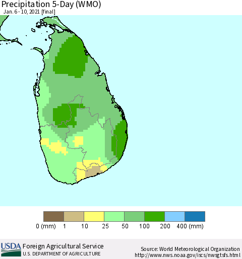 Sri Lanka Precipitation 5-Day (WMO) Thematic Map For 1/6/2021 - 1/10/2021